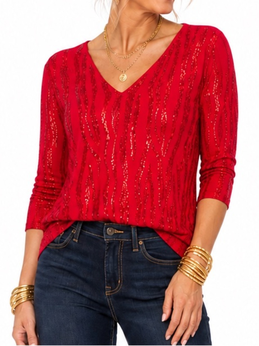 QUACKER FACTORY RED SEQUIN 3/4 SLEEVE TOP SZ SM